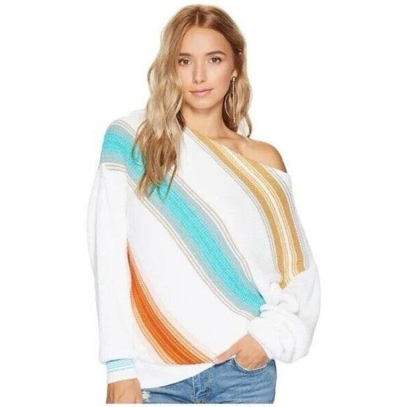 Free‎ People Spectrum Stripe Sweater Off The Shoulder Retro Knit Size Small - Picture 1 of 10